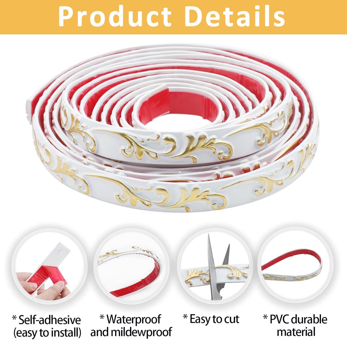 HASTHIP® 3D Embossing Wall Trim Tape 9.8ft Self-Adhesive DIY Wall Trim Tape Waterproof PVC Border Tape Luxury Decorative Trim Tape Background Trim Tape for Ceiling, Door Frame, Cabinet HASTHIP® 3D Embossing Wall Trim Tape 9.8ft Self-Adhesive DIY Wall Trim Tape Waterproof PVC Border Tape Luxury Decorative Trim Tape Background Trim Tape for Ceiling, Door Frame, Cabinet